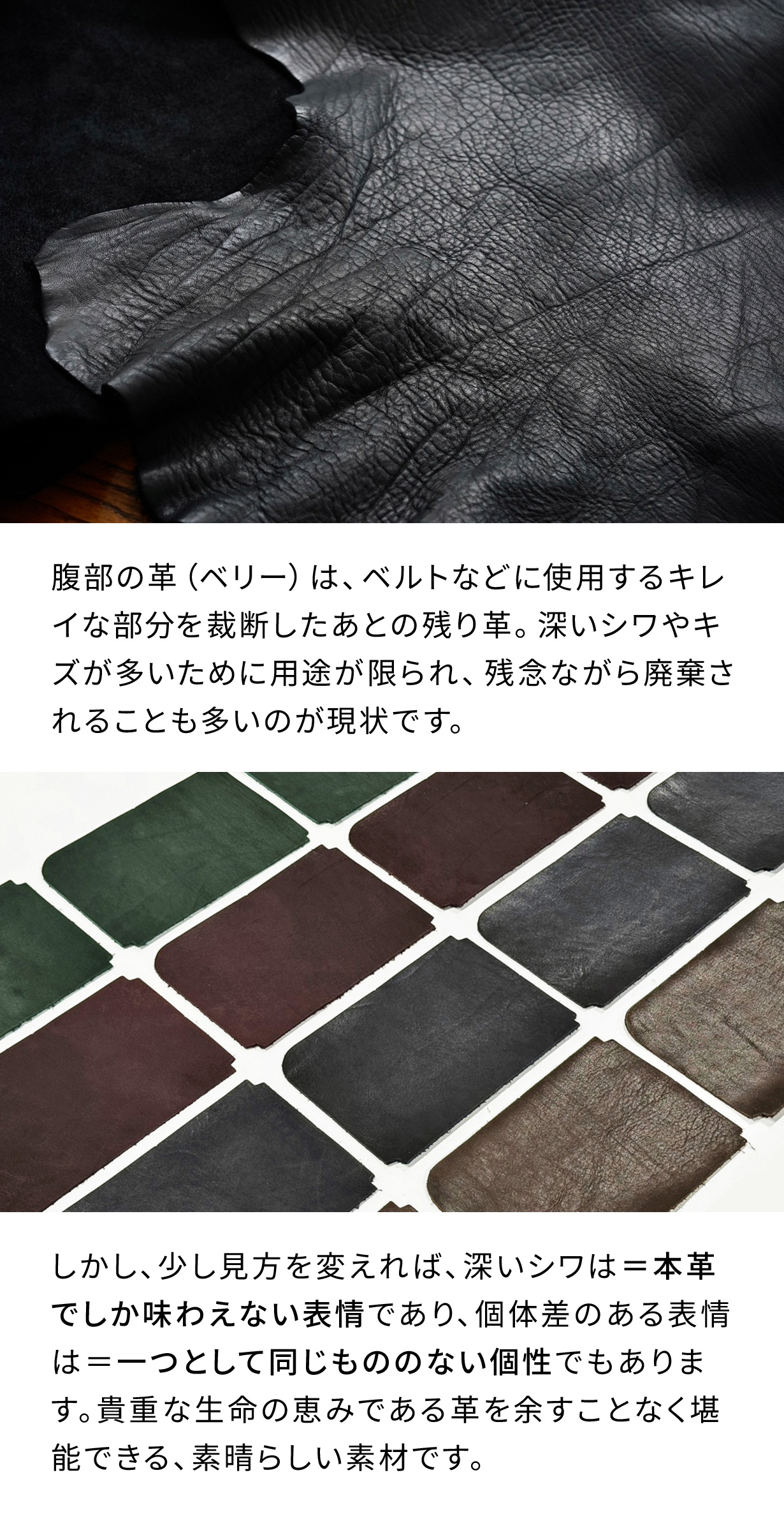 腹部の革（ベリー）は、深いシワやキズが多いために用途が限られ、残念ながら廃棄されることも多いのが現状です。しかし、少し見方を変えれば、深いシワは＝本革でしか味わえない表情であり、個体差のある表情は＝一つとして同じもののない個性でもあります。貴重な生命の恵みである革を余すことなく堪能できる、素晴らしい素材です。